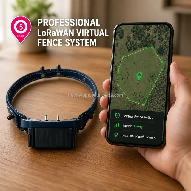 LoRaWAN GPS cattle collar with virtual fence app showing ranch zone